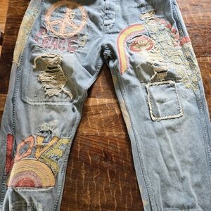 Embroidered Patchwork Jeans with Peace and Love Design